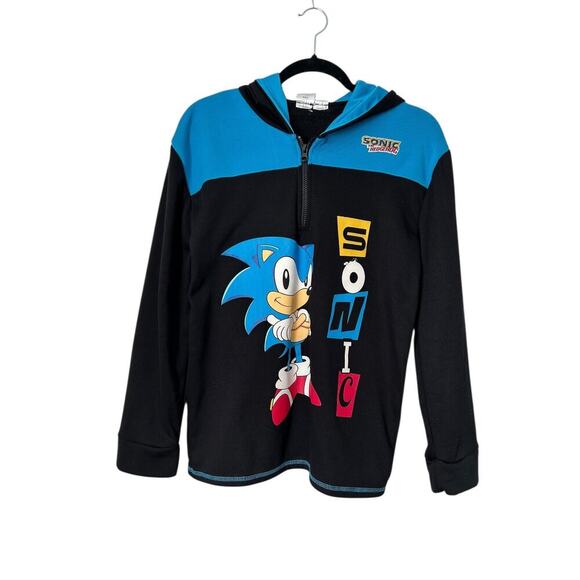 Sonic The Hedgehog Sweatshirt Boys Size 18 Blue Black 1/4 Zip Pullover Hoodie - Picture 1 of 10